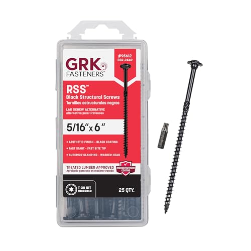GRK Fasteners RSS 5/16 x 6 Inch, Black Multi-Purpose Structural Screws, 25 PCS, Rust Resistant Climatek Coating, Decorative Hardware Decking Screws, Star Drive Recess, T-30 Bit Included, Black