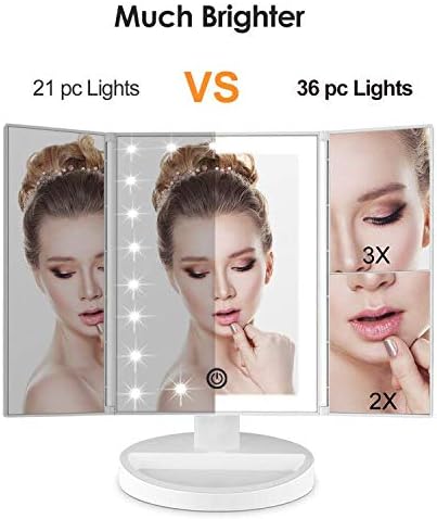 WEILY Makeup Vanity Mirror with LED Lighting and Touch Screen, Tri-Fold 1x 2X 3X Magnification,180° Adjustable Rotation,Battery and USB Powered,Countertop Cosmetic Mirror (White)