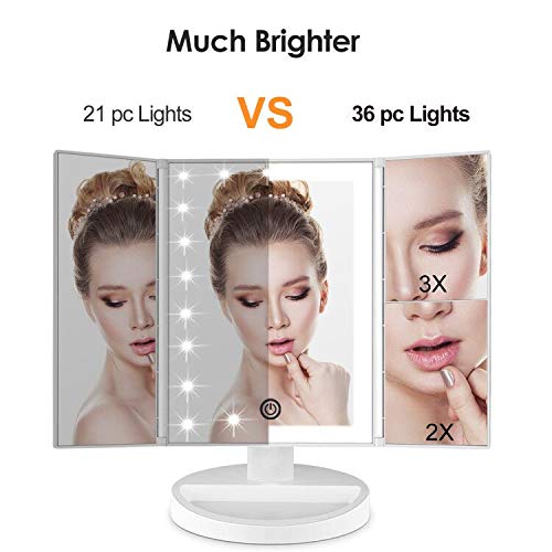 Weily Makeup Vanity Mirror With Led Lighting And Touch Screen, Tri-Fold 1X 2X 3X Magnification,180° Adjustable Rotation,Battery And Usb Powered,Countertop Cosmetic Mirror (White) #TOP2
