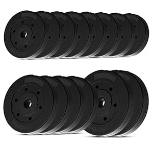 wuuhoo® disques d&rsquo;haltères en Ciment Mike 30mm, Set 20kg – 30kg, revêtu en Noir, 1,25, 2,5, 5, 10 kg, disques de Poids en Plastique pour haltères Longs, Fitness à Domicile –