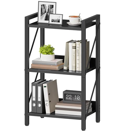 Image of HOOBRO Bookshelf, 3-Tier Industrial Bookcase, Book Shelf Storage Organizer, Small Bookshelf with Metal Frame for Living Room, Bedroom, Home Office, Kitchen, Black BB71SJ01