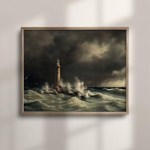Antique Lighthouse Oil Painting - Vintage Nautical Seascape Print, Ocean