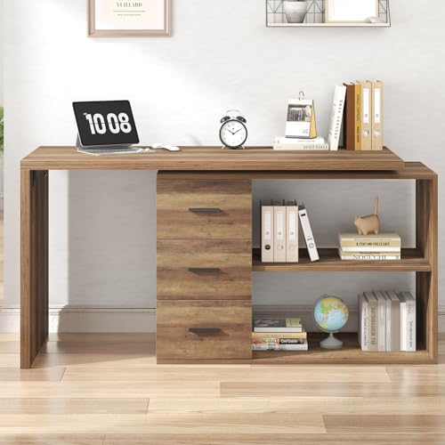 Image of HSH Rustic L Shaped Computer Corner Desk with 3 Storage Drawers 55 inch