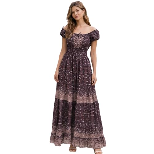 Image of Elegant Printed Off-Shoulder Maxi Dress for Women | Floral Boho Women Dress Summer Women One Piece with Puff Sleeves | Lightweight Party Vacation Casual Wear Long Maxi Dress