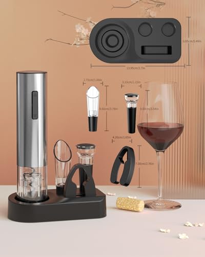 Image of CIRCLE JOY 5-in-1 Electric Wine Opener Set Rechargeable Stainless Steel Automatic Corkscrew Wine Bottle Opener Set with Foil Cutter, Wine Aerator Pourer, Vacuum Wine Stopper and Storage Base, Silver