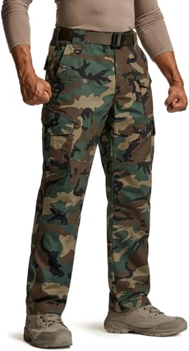 CQR Mens Flex Ripstop Tactical Pants Water Resistant Stretch Cargo Pants Lightweight EDC Hiking Work Pants Marksman Camo Woodland Olive 36W x 34L