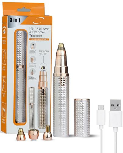 Image of Eyebrow Trimmer for Women, 3 in 1 Rechargeable Facial Hair Remover with Replaceable Heads, Professional Painless Personal Hair Removal For Eyebrows, Upper Lips, Face, Nose, Ear Hair (Rose Gold)