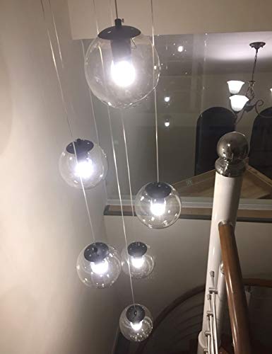 Lustre escalier 6 boules de verre transparent cascade lumineuse LED 150 cm