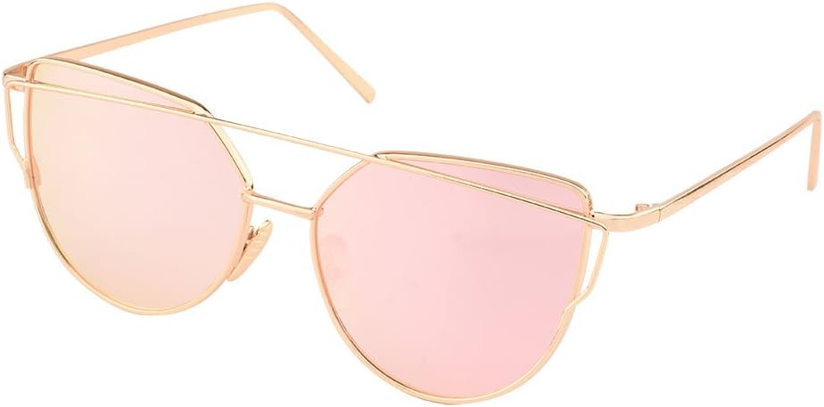 TrendyMate-Womens Street Fashion Metal Twin Beam Flat Mirror Lens Cat Eye Sunglasses (Gold/Rose Pink, 0)