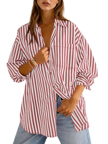 Cicy Bell Womens Oversized Striped Button Down Shirts Boyfriend Long Sleeve Collared Work Blouses
