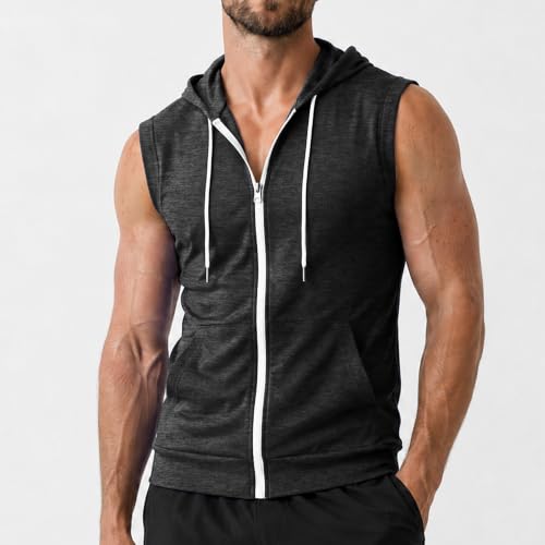 Image of Ohoo Mens Slim Fit Sleeveless Lightweight Zip Up Hooded Sweatshirt Vest Hoodie