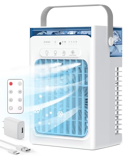 Portable Air Conditioners, Air Cooler Evaporative Personal Mini AC with Remoter, 4 Wind Speed, 2-4-6H Timer, 2 Modes, Colorful Night Light, Portable AC for Room, Car, Bedroom, Office, Outdoor