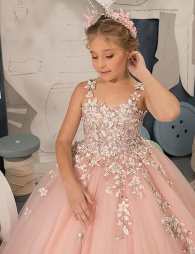 Flower Girl Dress Lace Applique - First Communion Dress Puffy Tulle Pageant Dress for Girls,Rose Red 103