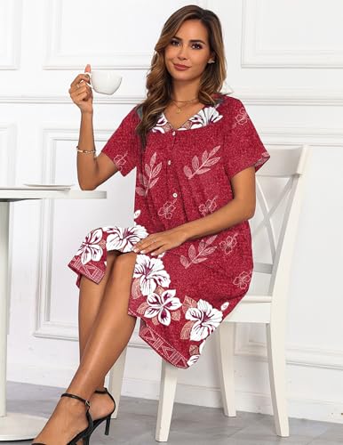 Image of Ekouaer House Dresses for Women with Pockets Button Down Nightgowns Plus Size Moo Moos Mumu Dresses Floral Print S-3XL