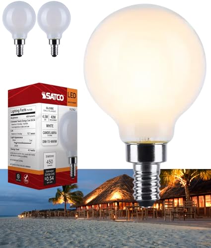 Satco S12162 4.5W LED G16.5 Globe, Warm Dimming 3000K-2000K, 450 Lumens, 90 CRI, 40W Replacement, White Globe, E12 Candelabra Base, Enclosed Fixture Rated, Dimmable, 120 Volt (2 Pack)