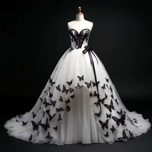 Mauuwy 3D Butterfly Gothic Wedding Dresses for Bride High Low Lace Bridal Gown Sweetheart Long Wedding Gowns for Women2