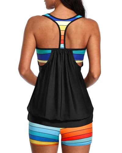 Image of Yonique Two Piece Tankini Bathing Suits T-Back Blouson Swim Tops with Boy Shorts Women Swimsuits Sporty Swimwear Colorful Palm Tree S