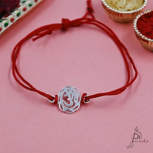 Image of Parnika 925 Om Ganesha Rudraksha Infinity Bro Shiv Bhai Adjustable Silver Rakhi Bracelet For Brother in 92.5 Sterling Silver for Boys and Men | Chandi ki Rakhi | Gift Box Roli Chawal