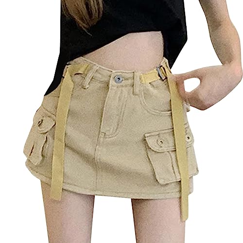 Genérico Mini falda de carga para mujer de mezclilla casual de cintura baja para urbano de moda, caqui, XXL