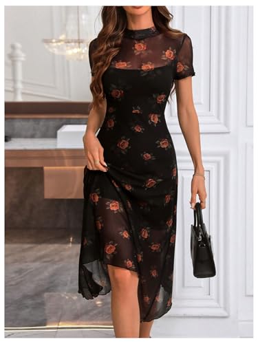 Image of Floerns Women's Floral Mesh Short Sleeve Asymmetrical Hem Flared A Line Dress