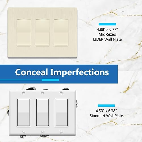 Image of LIDER Decorator Switch Cover, Screwless Wall Plate, Mid-Size 3-Gang 4.88 inch x 6.77 inch, LSWP-33M-BLA, UL Listed, Thermoplastic, Brushed Light Almond, 1-Pack