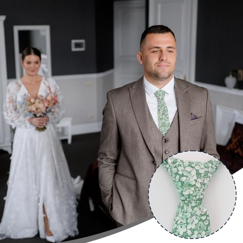 Image of Luckyvestir Ties for Men, Sage Green Cotton Floral Tie 2.76 inch Flower Printed Men's Neckties for Wedding /Groomsmen /Suit /Party