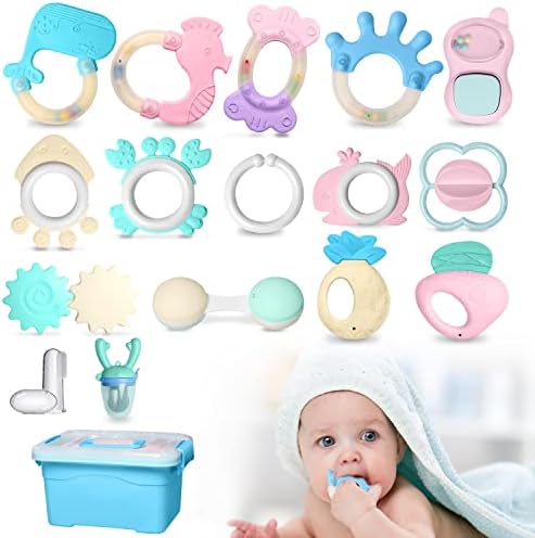 16 PCS Teething Toys for Baby,INPHER Baby Rattle and Baby Teether Set, BPA Free, with Fruit Feeder Pacifier and Toothbrush Baby Silicone with Box for 0,3,6,9,12 Month, Sterilize in 120 Degree Celsius