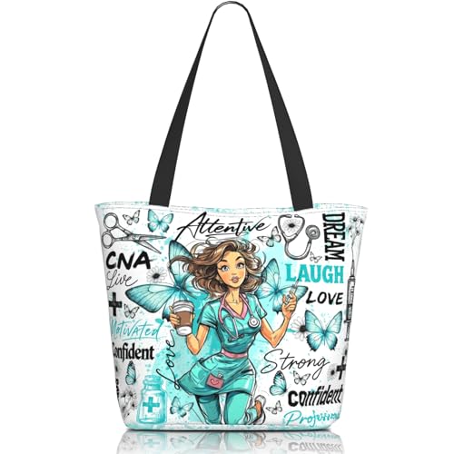 Quelindra Nurse Tote Bag Nurse Aesthetic Canvas Tote Bags For Women Nurses Week Gifts Gift For Cna Nurse Waterproof Zipper Shoulder BagReusable Grocery Shopping Bags For Moms And Nurses