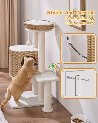 Yaheetech Árbol Rascador para Gatos Grandes Moderno de Ratán Torre de Altura 91cm con Cesta Grande y Bola Colgante 2 Plataformas 1 Cueva Condominio Acogedor con Cojines Suaves Color Beige - imagen 9