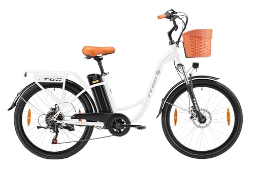 ttgo 26 Zoll City E Bike mit Korb, 250W Motor 36V 14,5 Ah Akku 25 km/h 6 Gänge 75 km Reichweite E-Bike für Pendler und Outdoor-Fahrten für Erwachsene (Weiß)