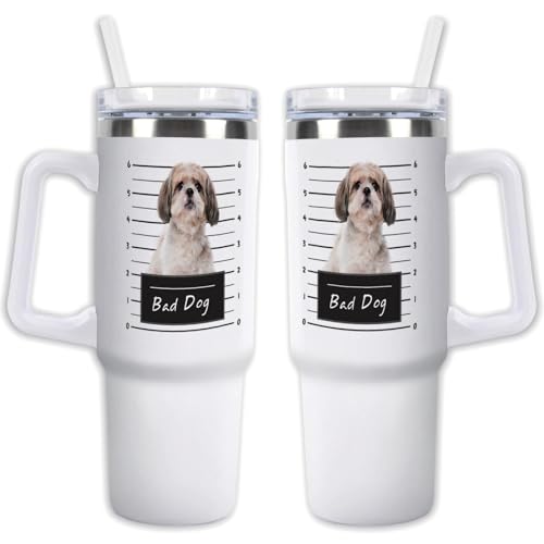 GABSHAIM Custom White Tumbler Dog Travel Mug with Handle & Straw Lid Double-layer Insulation Double Sided Printed Travel Coffee Cup Shih Tzu Pattern Design 40 oz