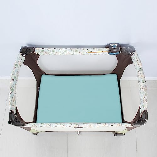 Biloban Pack and Play Sheets Fitted, 2 Pack Pack and Play Sheet Fits for Graco Pack n Play Mattress, Neutral Playard Sheets for Baby Boys and Girl, White & Aqua, 38”X 26”