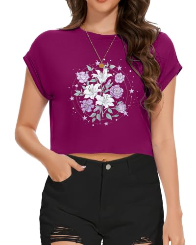 Image of Womens Crop Tops Summer Roll Cap Sleeve Cropped Tshirt Loose Fit Basic Tees