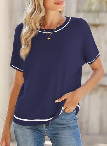 Image of SHEWIN Womens Tops Trendy Short Sleeve Shirts Crewneck Lightweight Knit Sweater Top Business Casual Outfits