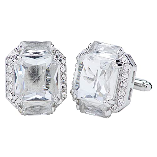 Vittorio Vico Rectangular Colored Diamond Flanked Crystal Cufflinks for Men - Unique Mens Jewelry - Best Gift for Him, Dad, Uncle, Bestfriend, Groom (Clear Stone, Silver-Plated-Stainless-Steel)