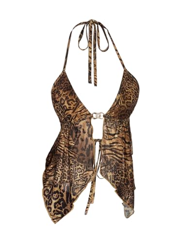Women's Y2K Cheetah Halter Top Leopard Sleeveless Open Back Going Out Cami Tops