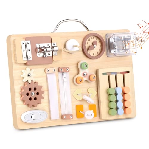 Hoarosall Montessori Busy Board for Toddlers 16-in-1 Wooden Sensory Activity Board with Music Box Fine Motor Skills Learning Toy Preschool Educational Travel Gift for Boys Girls Ages 1-3