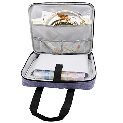 Image of ATTERET Full Range Embroidery and Cross Stitch Starter Kit with Premium Storage Organizer Bag, Includes 99 DMC Coded Cotton Threads, 9 Metallic Floss, 3 Hoops, Needles, Scissors + More (Purple)