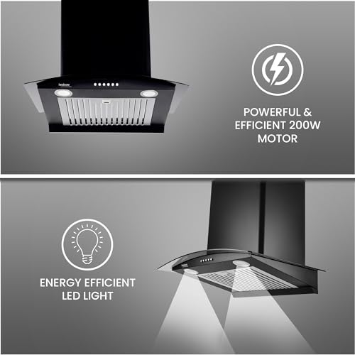 Image of Hindware Smart Appliances | Elena 60 cm Chimney | 1100 CMH | Curved Glass | Auto Clean | Push Button | 5 Yrs Warranty on Motor & 2 Yrs on Product | Wall Mounted (Baffle Filter, LED Lamps, Black)