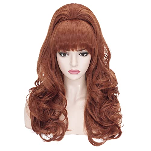 Probeauty Auburn Bouffant Beehive Wig, Long Brown Curly Wave 60s 80s Vintage Party Wig for Halloween costume