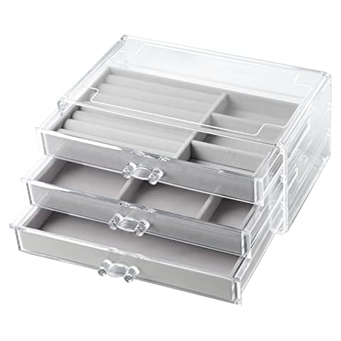 EXLECO Jewelry Box Jewelry Organizer for Women and Girl with 3 Drawers Storage Box for Jewelry Clear Acrylic Jewelry Display Case for Earring Bracelet Ring Necklace Cover