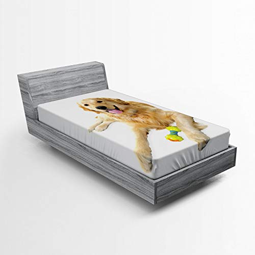 Ambesonne Golden Retriever Fitted Sheet, Pet Dog Laying Down with Toy Friendly Domestic Puppy Playful Companion, Bed Cover with All-Round Elastic Deep Pocket for Comfort, Twin XL Size, Sand Brown