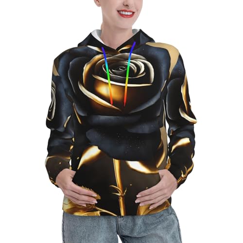 Sweat à capuche floral femme noir et or avec poche et cordon