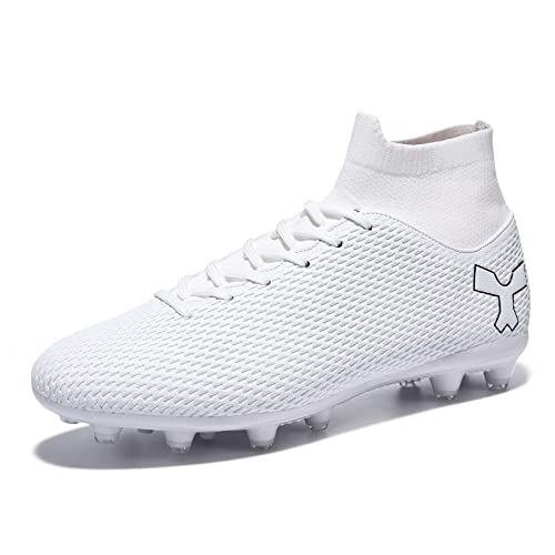 Men's Soccer Cleats Football Cleats for Mens Big Boys High-Top Spikes Shoes for Youth Professional Training Turf Indoor Outdoor Sneaker White,12
