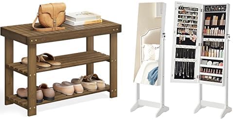 SONGMICS Shoe Rack Bench, Jewelry Cabinet Armoire with 2 Plastic Cosmetic Storage, ULBS04WL and UJJC002W01