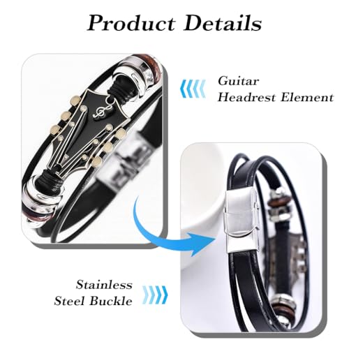 Image of GUSTAVE Bracelet for Man Women Guitar Leather Bead Braided Handmade Ethnic Tribal Cuff Multi-Layer Cords Wrap Music Shape Punk Rock Jewelry Gifts Wristband