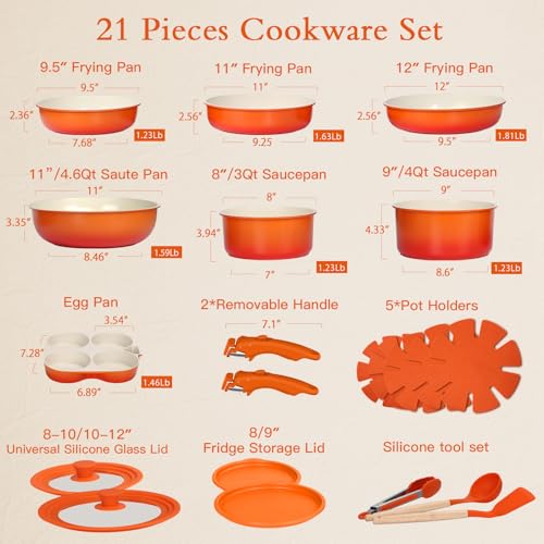 Image of GIPP 21PCS Pots and Pans Set Non Stick,Kitchen Cookware Set Detachable Handle,Orange Gradient Pot and Pan Set,Non Toxic Cooking Pan Set with Frying Pans Set,RV Cookware Sets for All Stoves
