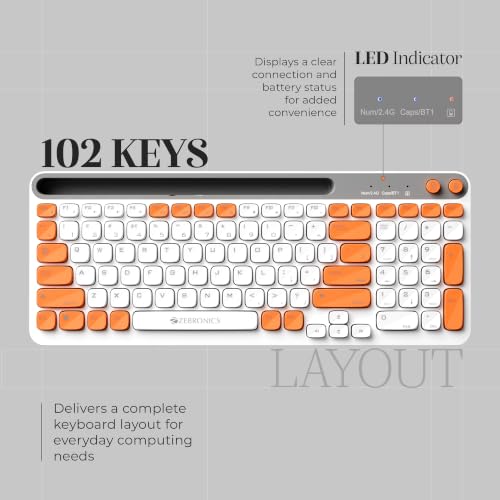 Image of Zebronics Keypad X3 Wireless Keyboard, 102 Keys, 12 Multimedia Keys, 2.4GHz + BT, UV Coated Keycaps, Mobile & Tablet Holder, ₹ Rupee Key, Retractable Stand, USB Nano Receiver (Dawn Orange)