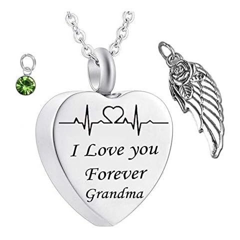 Hoisy Ash Necklace for Human Ashes Gold, Memorial Necklace Brother Heart Electrocardiogram Memorial Birthstone Pendant & Angel Wings I Love You Forever Grandma 50X2cm Cover