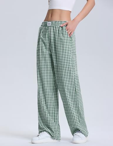 LOMON Women's Gingham Plaid Wide Leg Pants Cotton Boxers Pajama Lounge Pj Casual Trousers Y2K Flowy Bottoms with Pockets (Green White Plaid, XXL)2